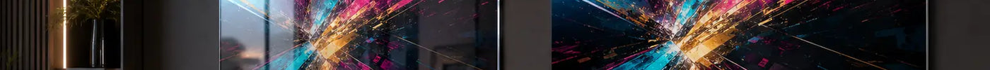 Acrylic and metal wall art panels compared side by side in a modern room
