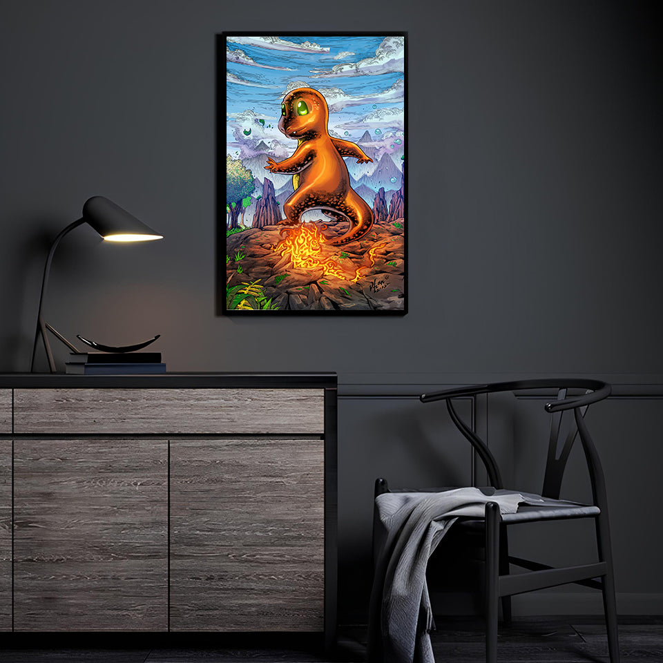 Charmander-inspired Pokémon wall art over flames and rock, 11x17 print