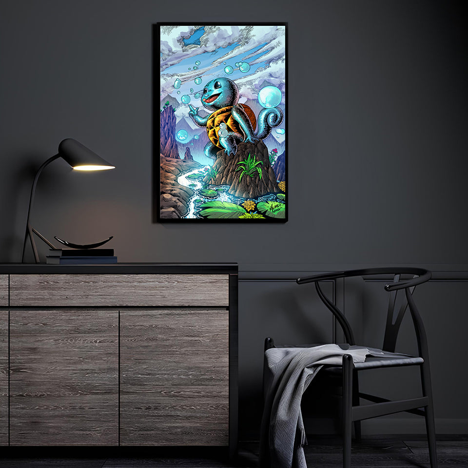 Squirtle-inspired Pokémon art with bubbles and stream, 11x17 print