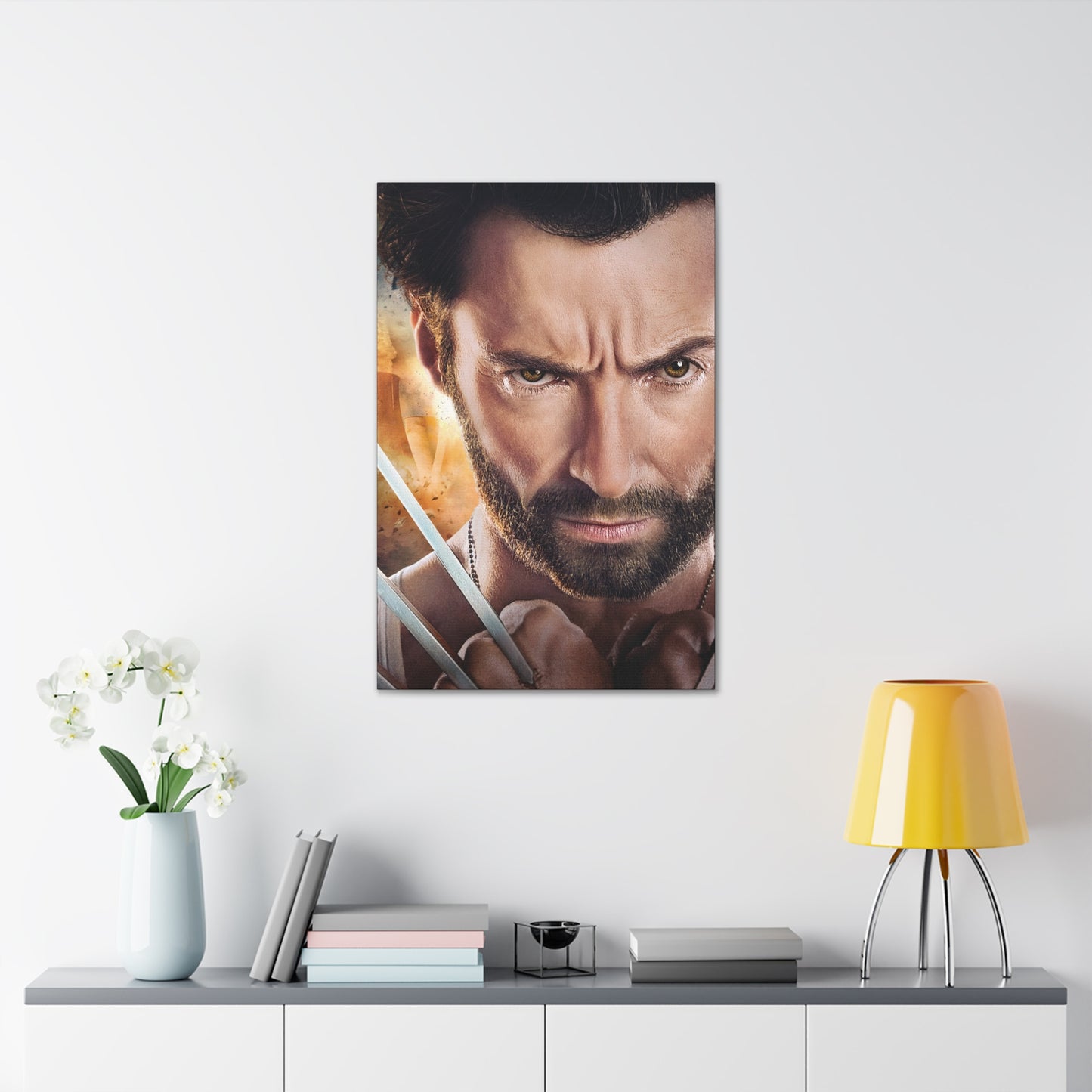 "Weapon X – Hugh Jackman Wolverine Claw Wall Art on canvas, acrylic, and metal – front view featuring Hugh Jackman as Wolverine with one claw extended in battle stance."