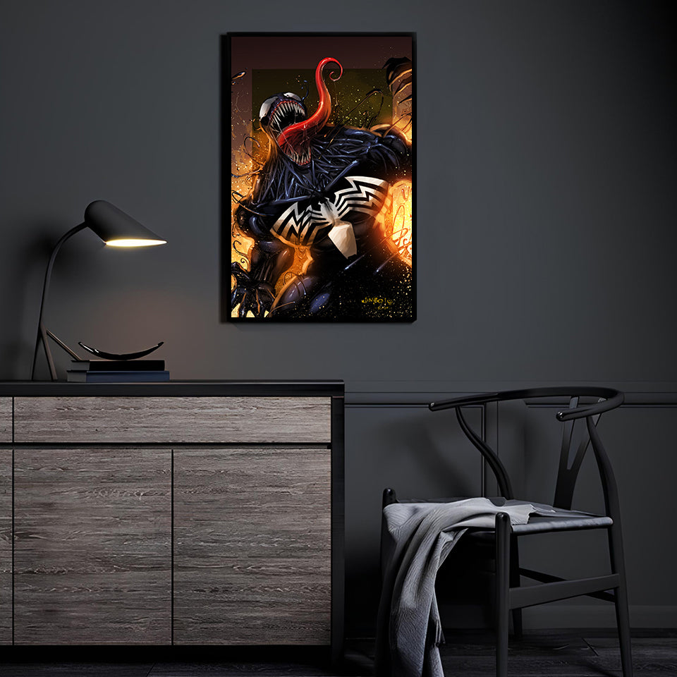 Venom roaring with extended tongue and splatter background, 11x17 print