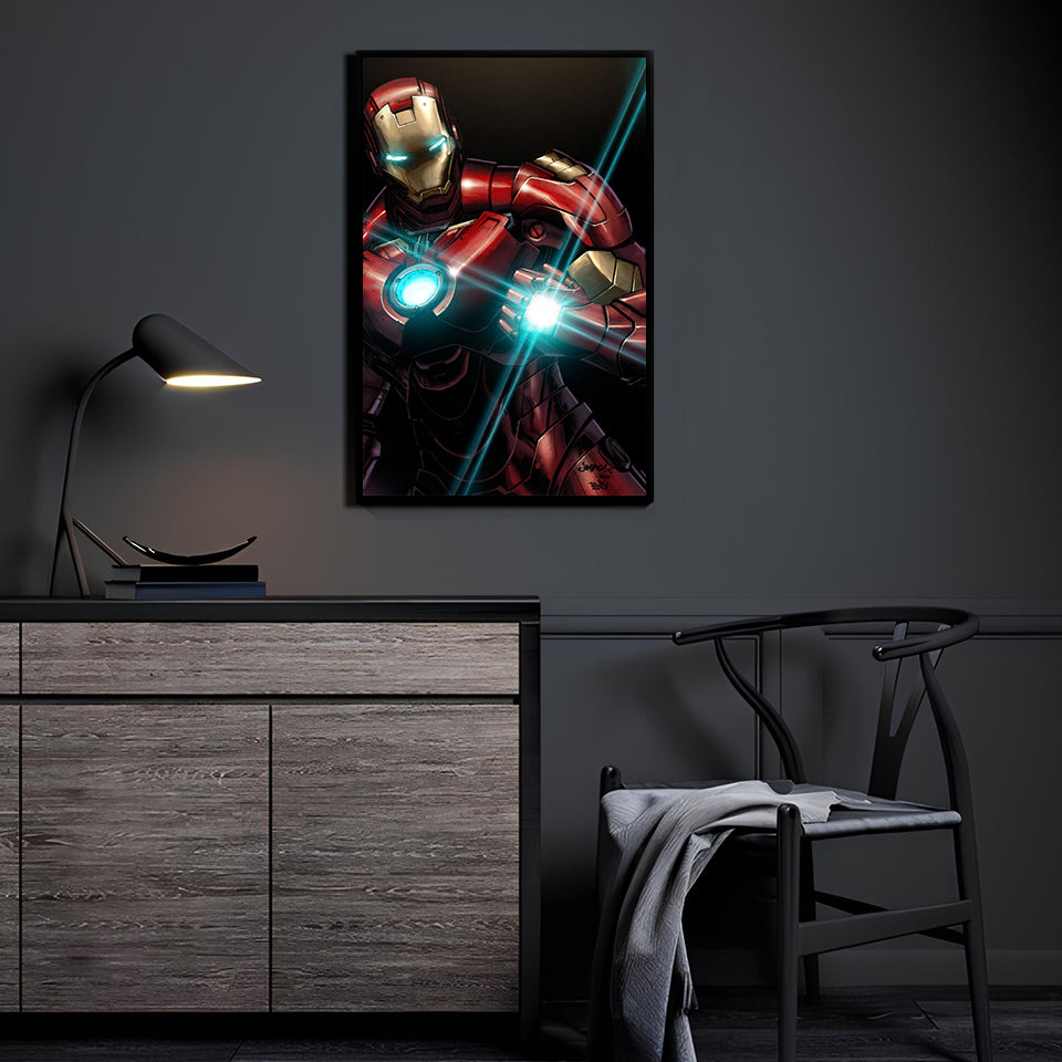 Iron Man glowing with arc reactor and repulsor blast in red and gold armor, 11x17 wall print