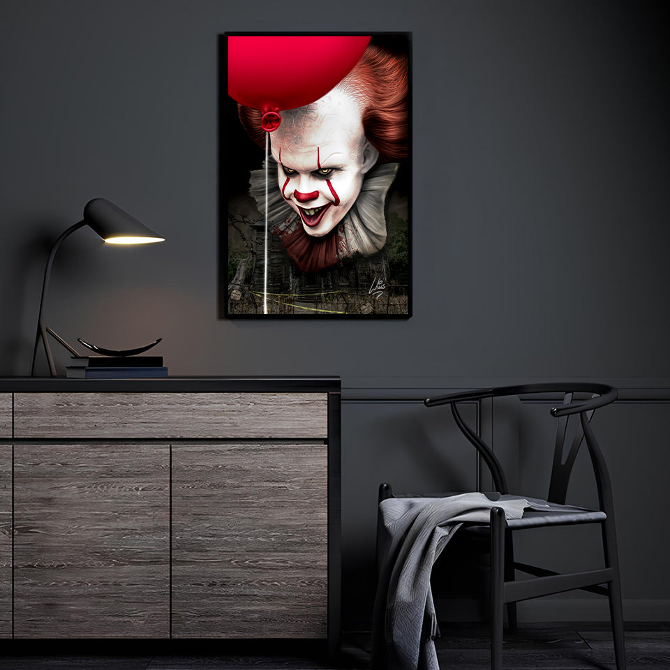 "Fear Floats – Pennywise Wall Art on canvas, acrylic, and metal – Pennywise with eerie grin and glowing eyes in a dark, foggy background."