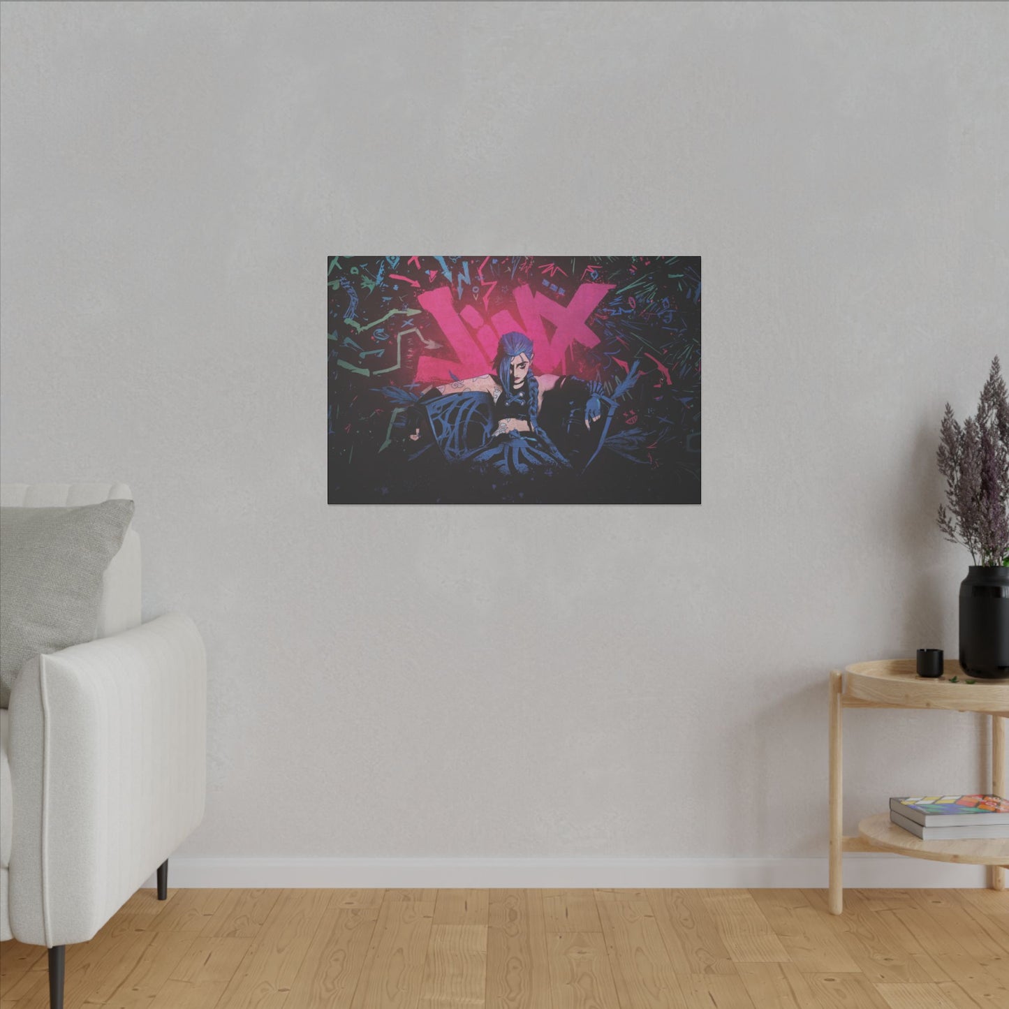 "Jinx from Arcane Wall Art on premium canvas, acrylic, and metal – front view featuring the edgy character Jinx"