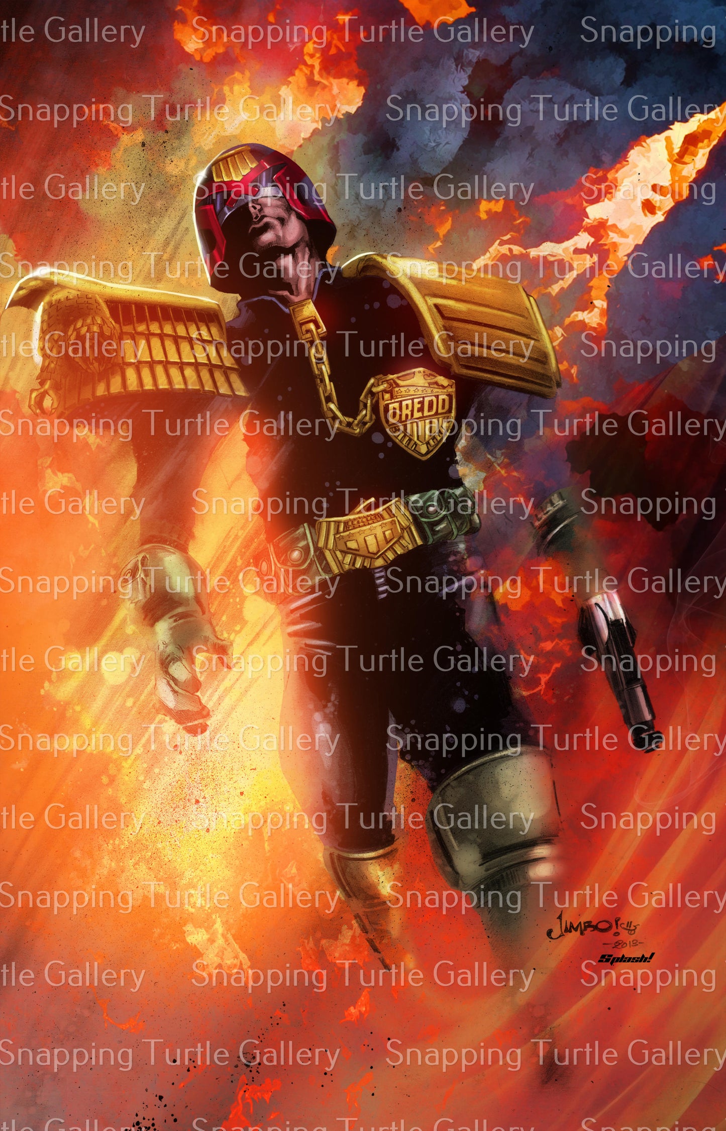 "I Am the Law – Judge Dredd Wall Art on canvas, acrylic, and metal – Judge Dredd standing with gun and helmet, ready to deliver justice."