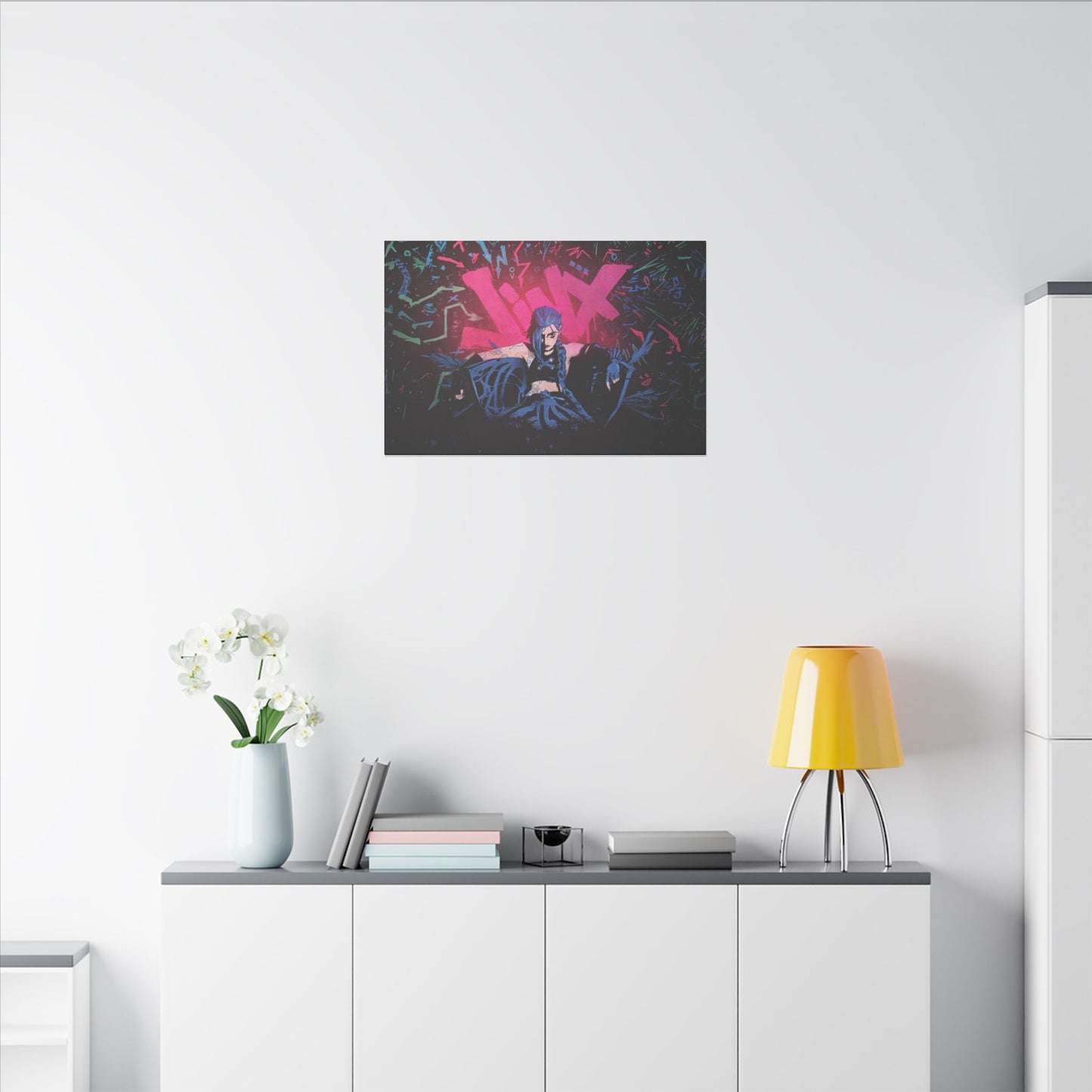 "Jinx from Arcane Wall Art on premium canvas, acrylic, and metal – front view featuring the edgy character Jinx"