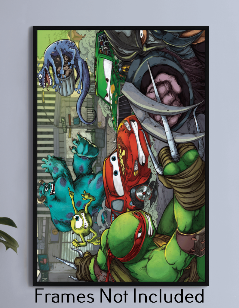 Toon Wars Showdown canvas print with TMNT, Cars, and Monsters Inc characters in action