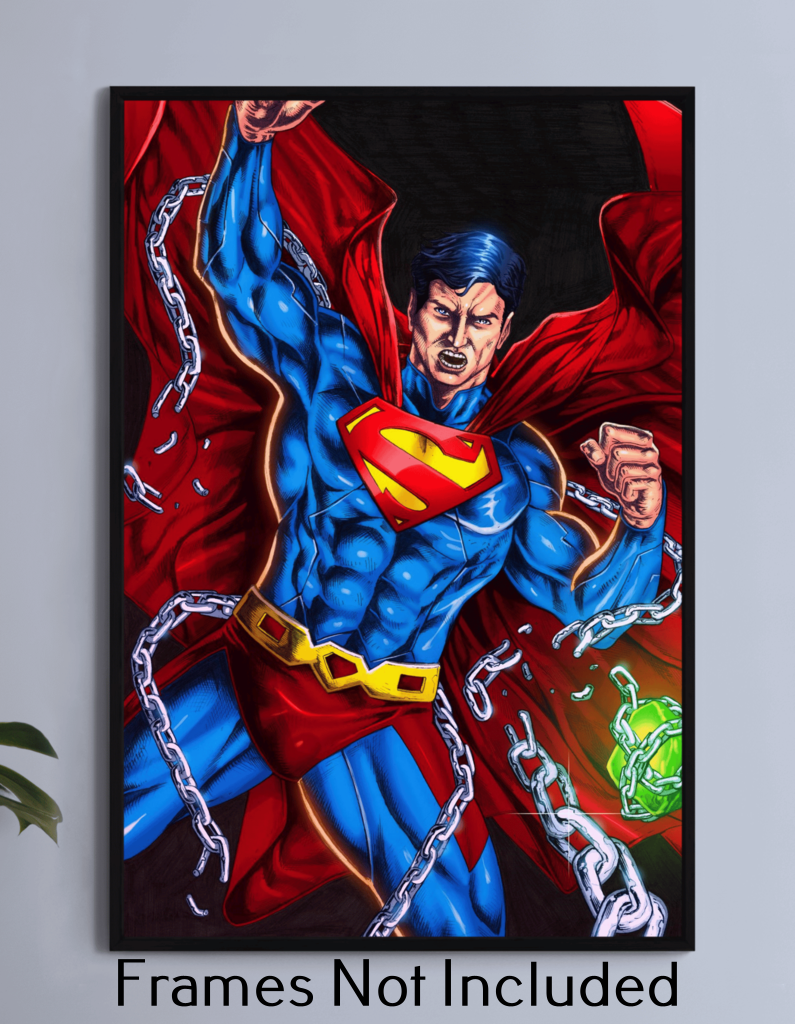 "Unchained Strength – Superman Wall Art on canvas, acrylic, and metal – Superman breaking steel chains with explosive force."