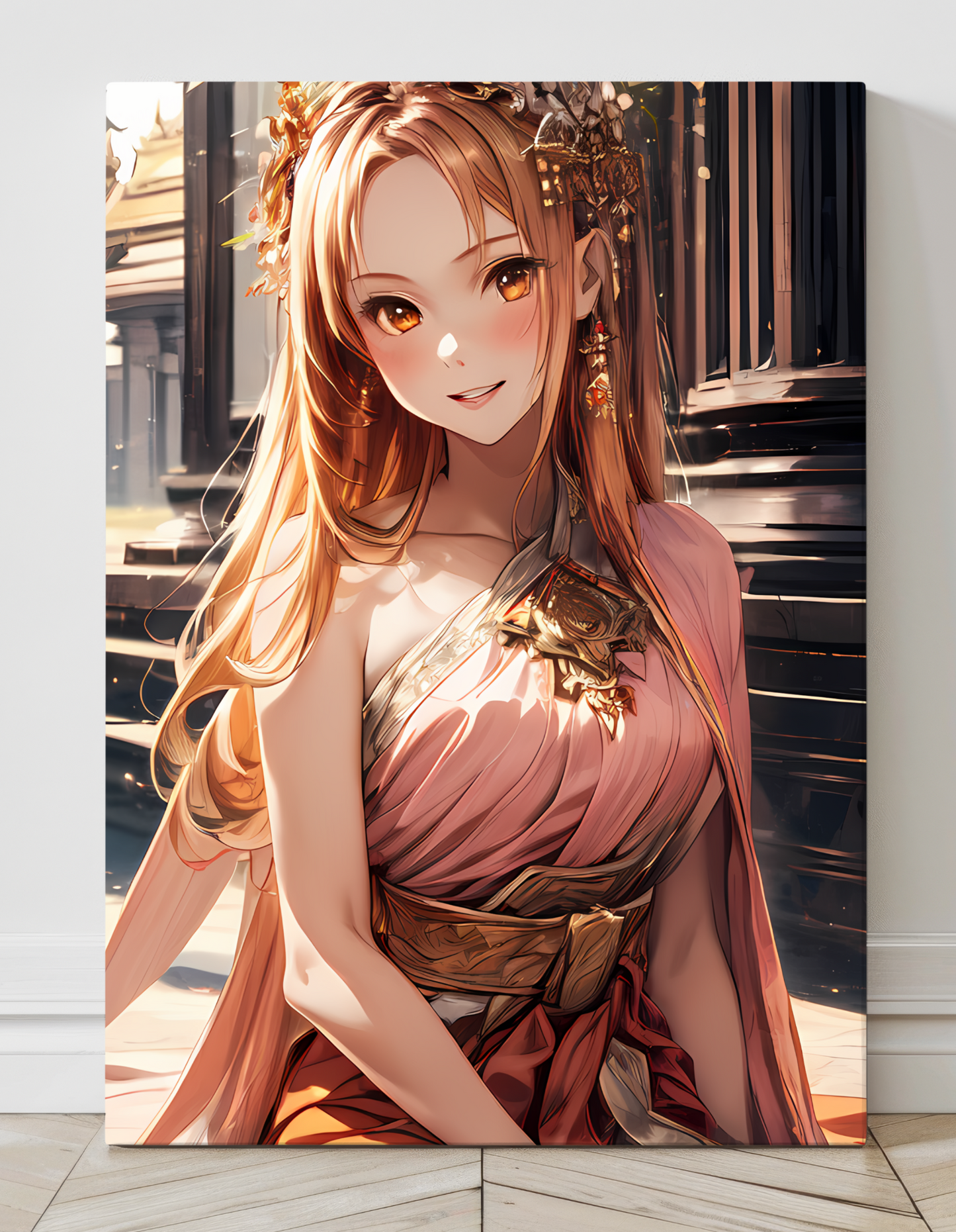 Asuna Yuuki SAO Wall Art on canvas, acrylic, and metal – front view featuring a detailed anime portrait of Asuna in a pink dress.