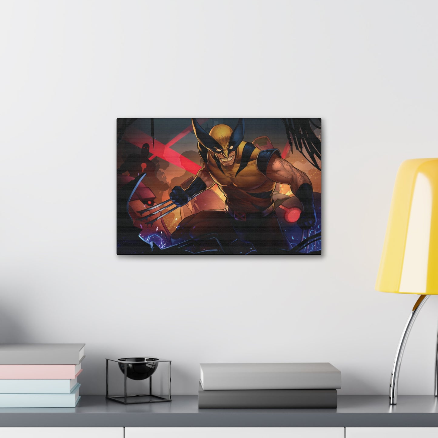 "Berserker Unleashed – Wolverine vs. Sentinels Wall Art on canvas, acrylic, and metal – front view featuring Wolverine battling a towering Sentinel in a dynamic combat pose."