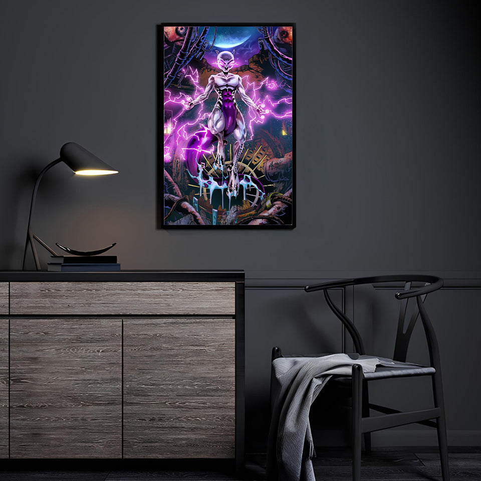 Mewtwo glowing with psychic lightning in lab setting, 11x17 Pokémon art print