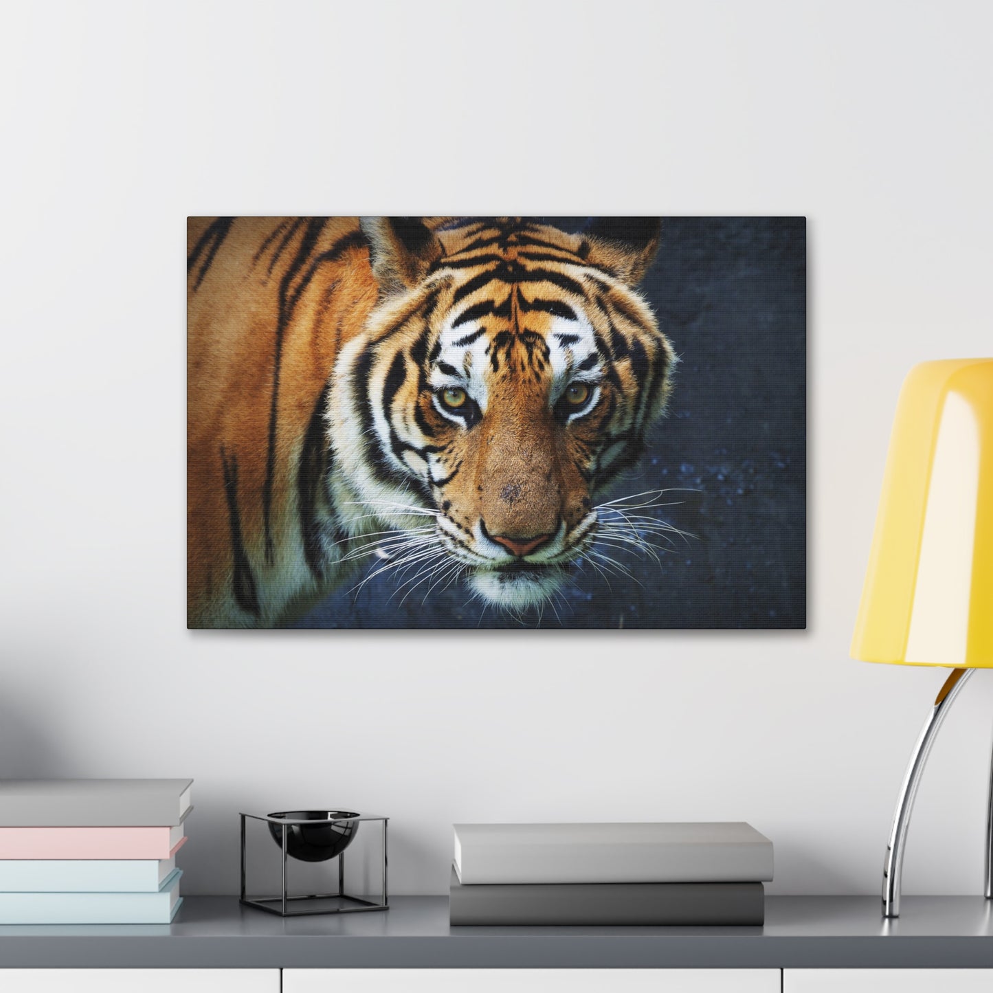 "Fierce Focus – Majestic Tiger Headshot Wall Art on canvas, acrylic, and metal – front view featuring an intense close-up of a tiger’s face."