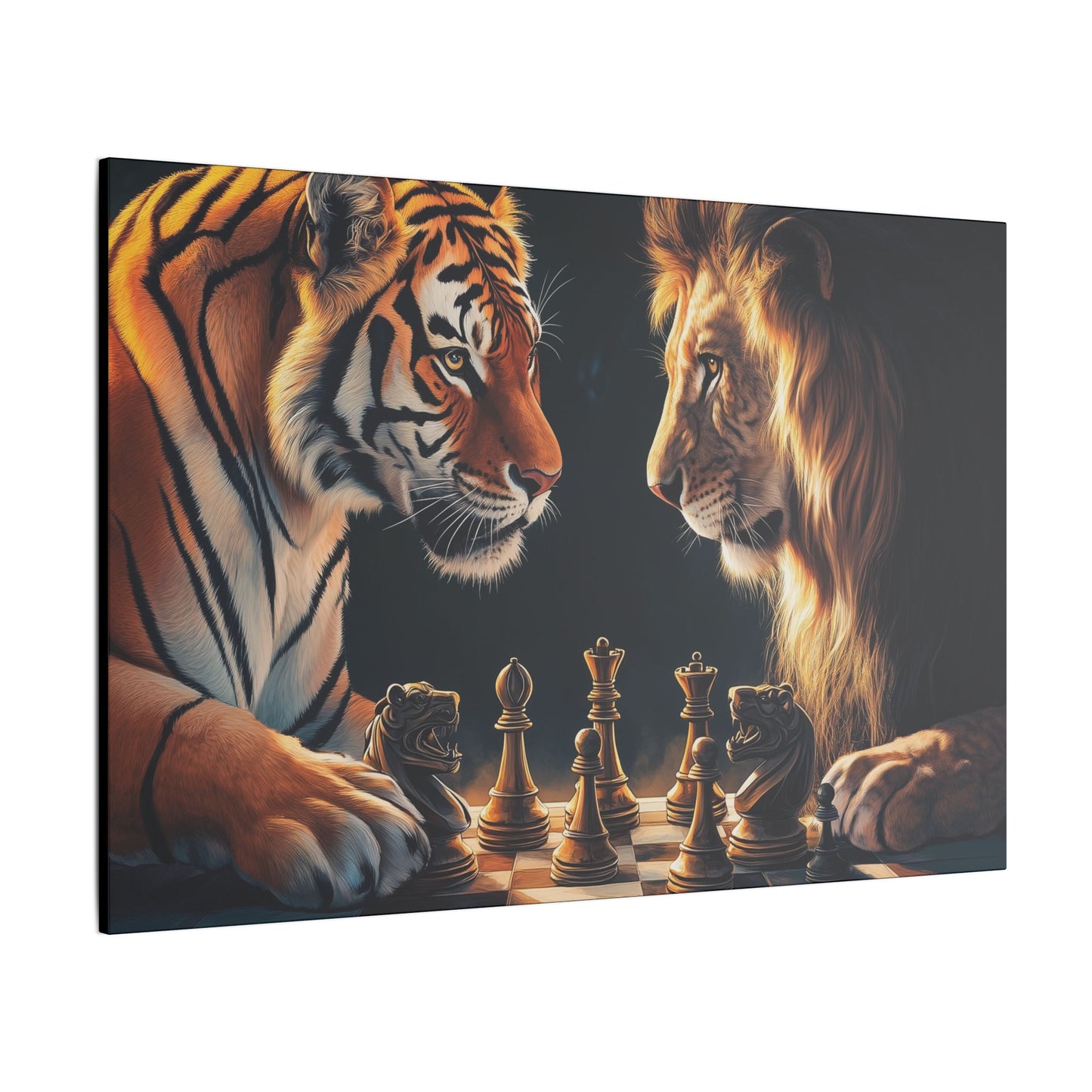 "Lion & Tiger Playing Chess Wall Art on canvas, acrylic, and metal – front view of symbolic wildlife strategy"