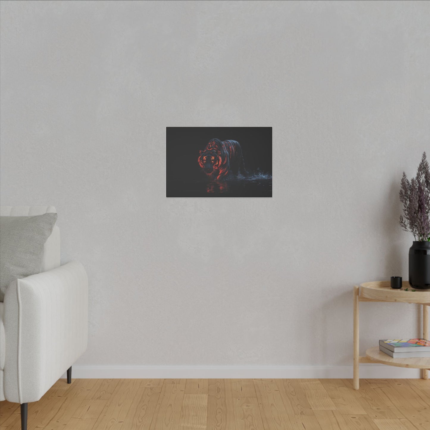 "Tiger with Glowing Red Stripes Wall Art on premium canvas, acrylic, and metal – front view featuring a majestic tiger with vibrant red stripes"