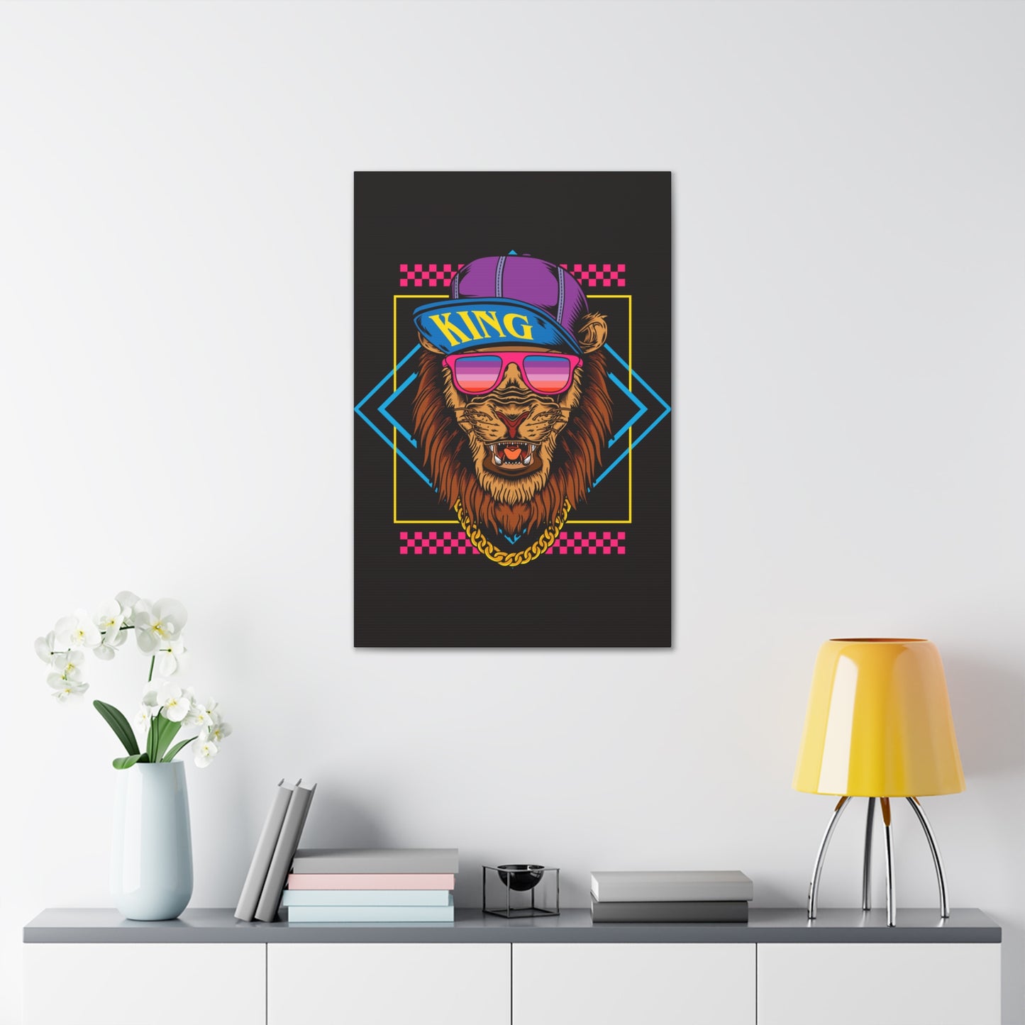 "Neon Lion with Hat & Shades Wall Art on canvas, acrylic, and metal – front view featuring electric neon colors and street-style lion design"