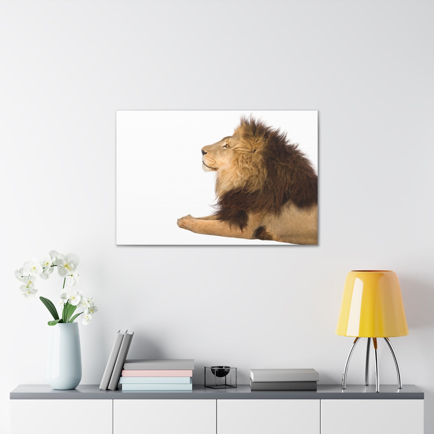 "Silent Guardian – Resting Lion on White Background Wall Art on canvas, acrylic, and metal – front view featuring a serene lion lying down."