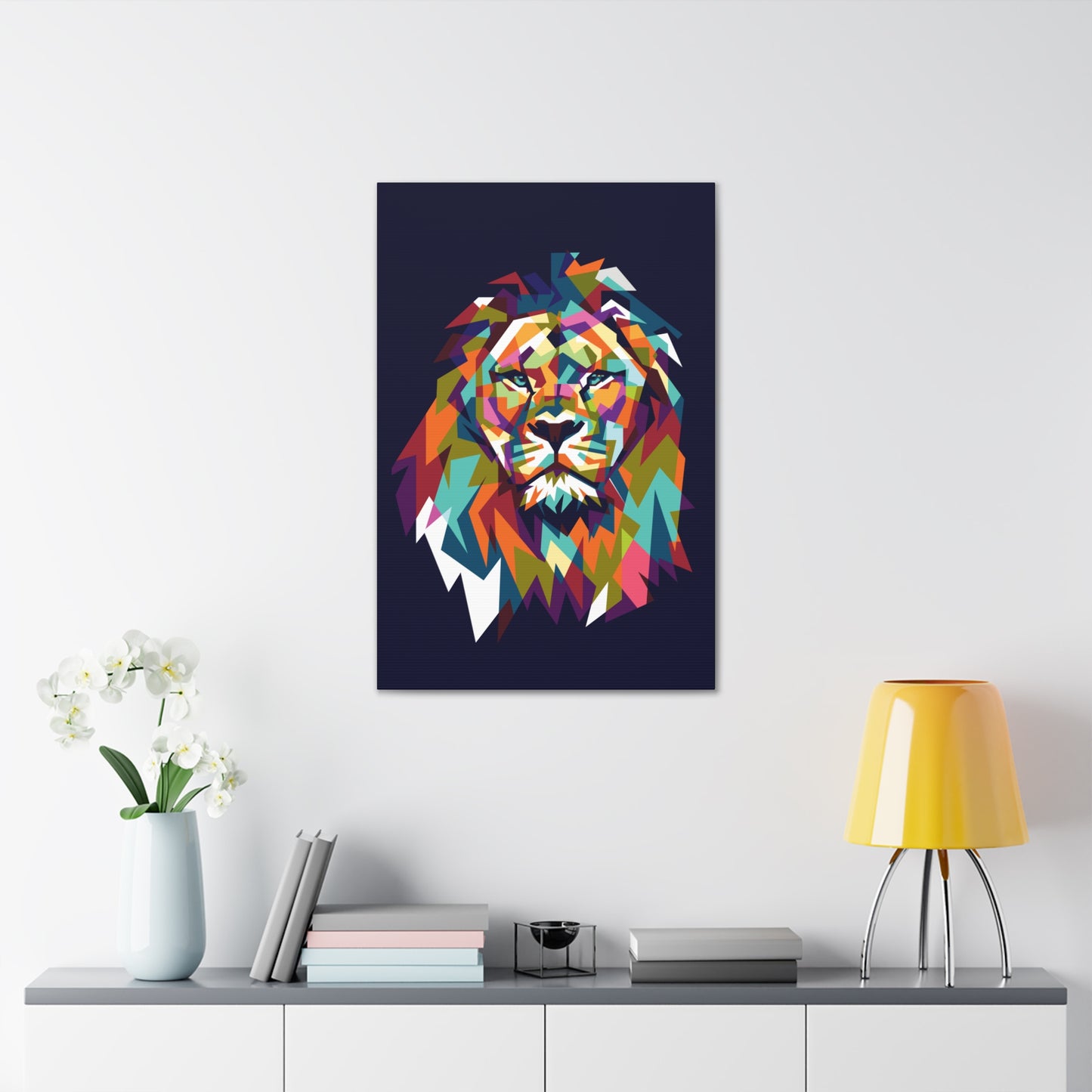 "Mosaic Lion Wall Art on canvas, acrylic, and metal – front view of geometric lion design"