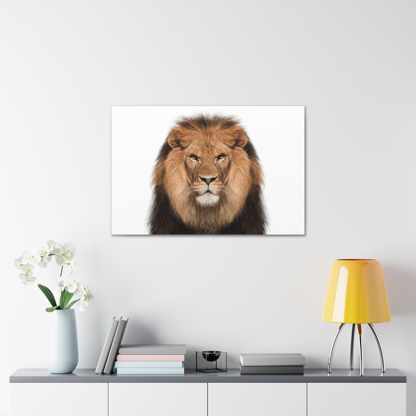 "Majestic Stance – Lion Propped Up on White Background Wall Art on canvas, acrylic, and metal – front view featuring a regal lion with a clean white backdrop."