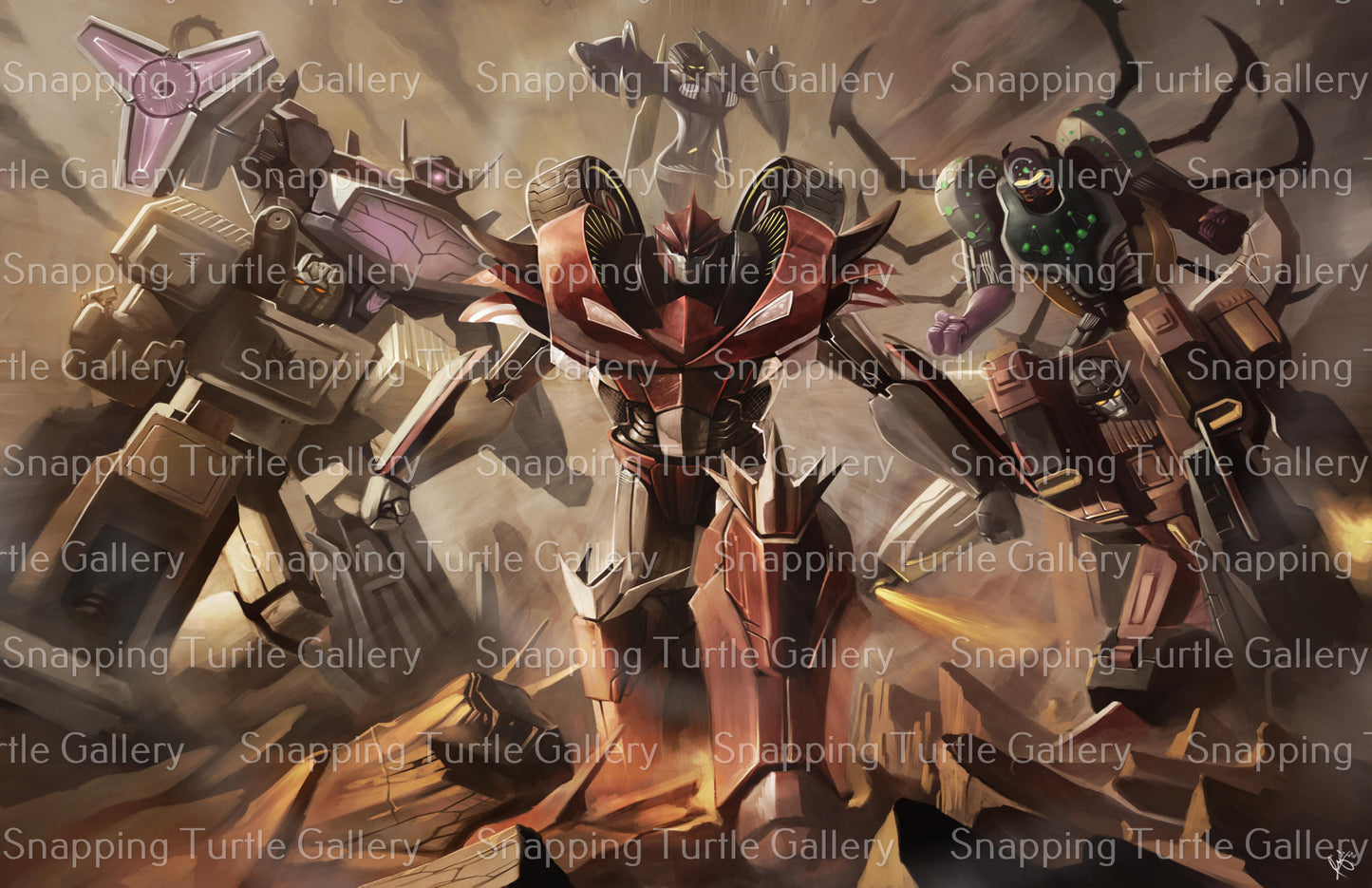 Knock Out, Shockwave, Soundwave, Blackarachnia, and Airachnid from Transformers Prime in a cinematic 11x17 villain art print by Ceasar.