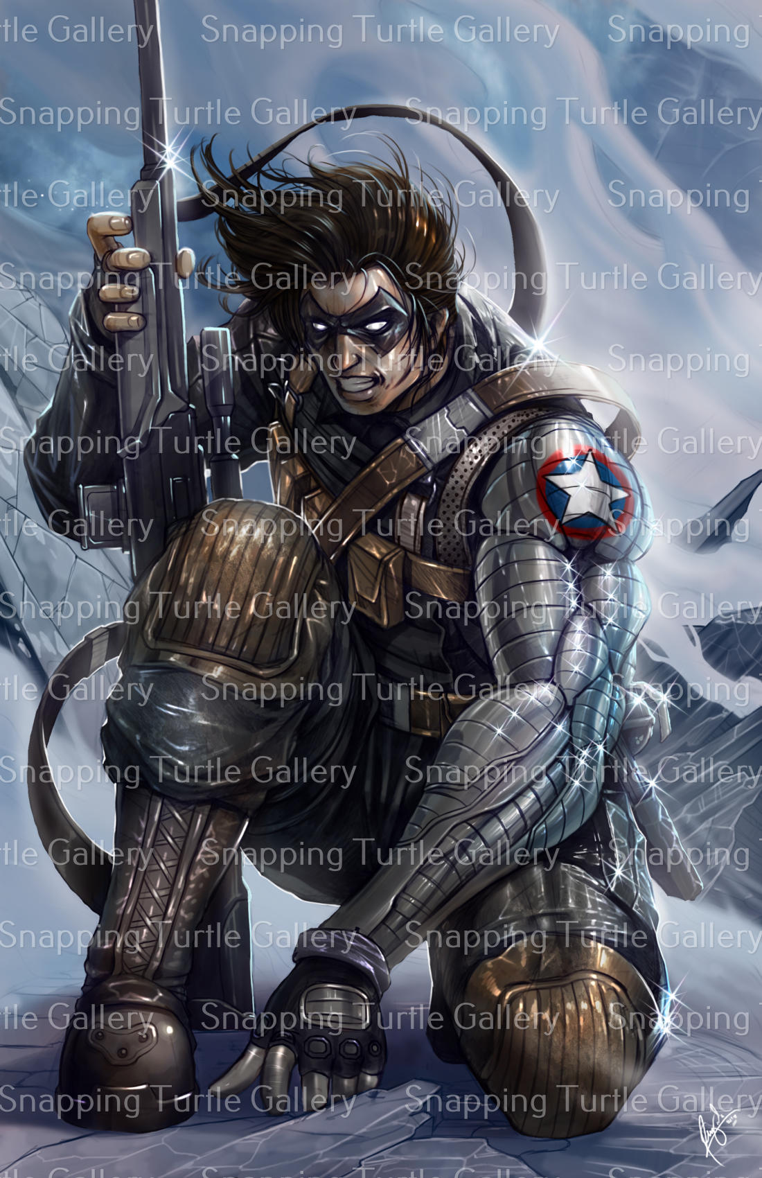 Winter Soldier kneels with rifle in snowy battlefield in this 11x17 Marvel print by Ceasar.