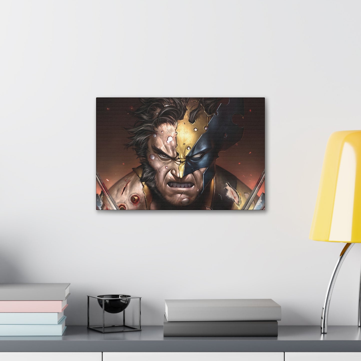 "Unbreakable Rage – Battle-Damaged Wolverine Wall Art on canvas, acrylic, and metal – front view featuring Wolverine in a torn costume, claws extended in fury."