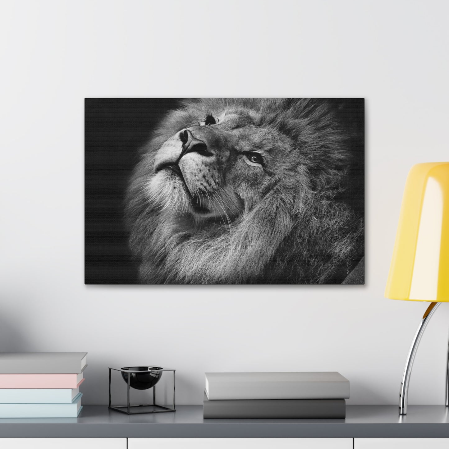 Monochrome Majesty – Black and White Lion Wall Art on canvas, acrylic, and metal – front view featuring a high-contrast lion portrait in grayscale.