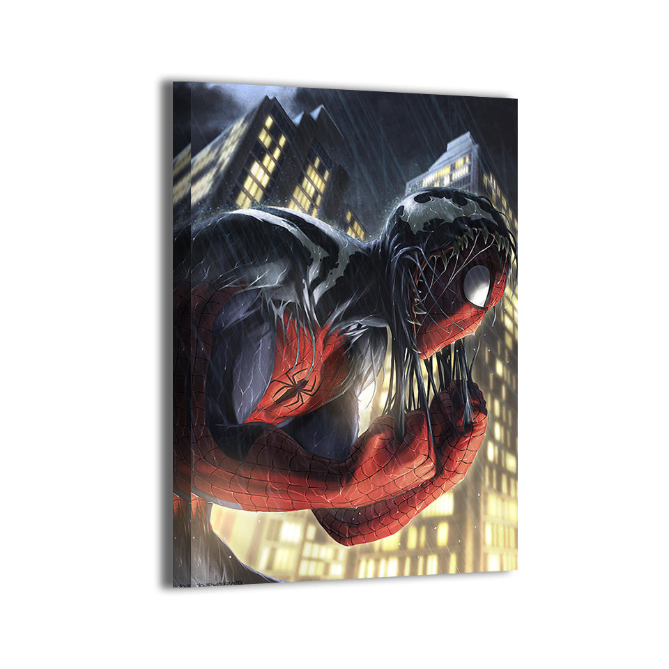 Spider-Man mid-transformation with Venom symbiote crawling over his body, 12x18 canvas print