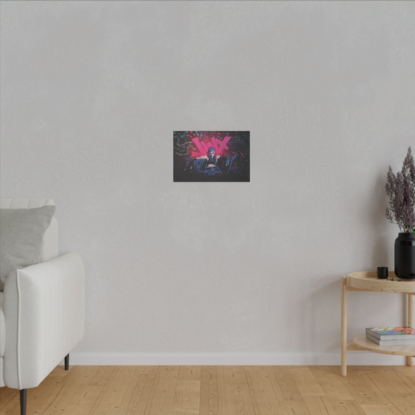 "Jinx from Arcane Wall Art on premium canvas, acrylic, and metal – front view featuring the edgy character Jinx"