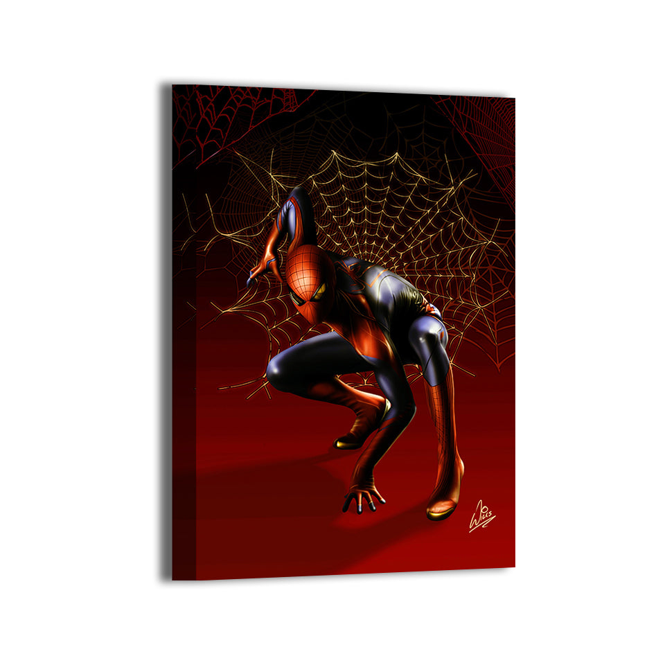 "Web of Tomorrow – Tom Holland Spider-Man Wall Art on canvas, acrylic, and metal – Spider-Man in red and black MCU suit, mid-swing pose."