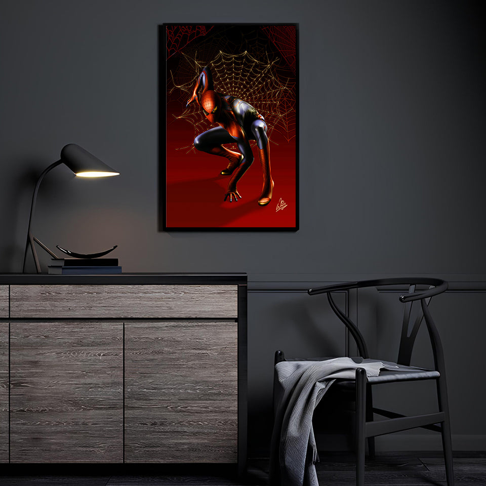 "Web of Tomorrow – Tom Holland Spider-Man Wall Art on canvas, acrylic, and metal – Spider-Man in red and black MCU suit, mid-swing pose."