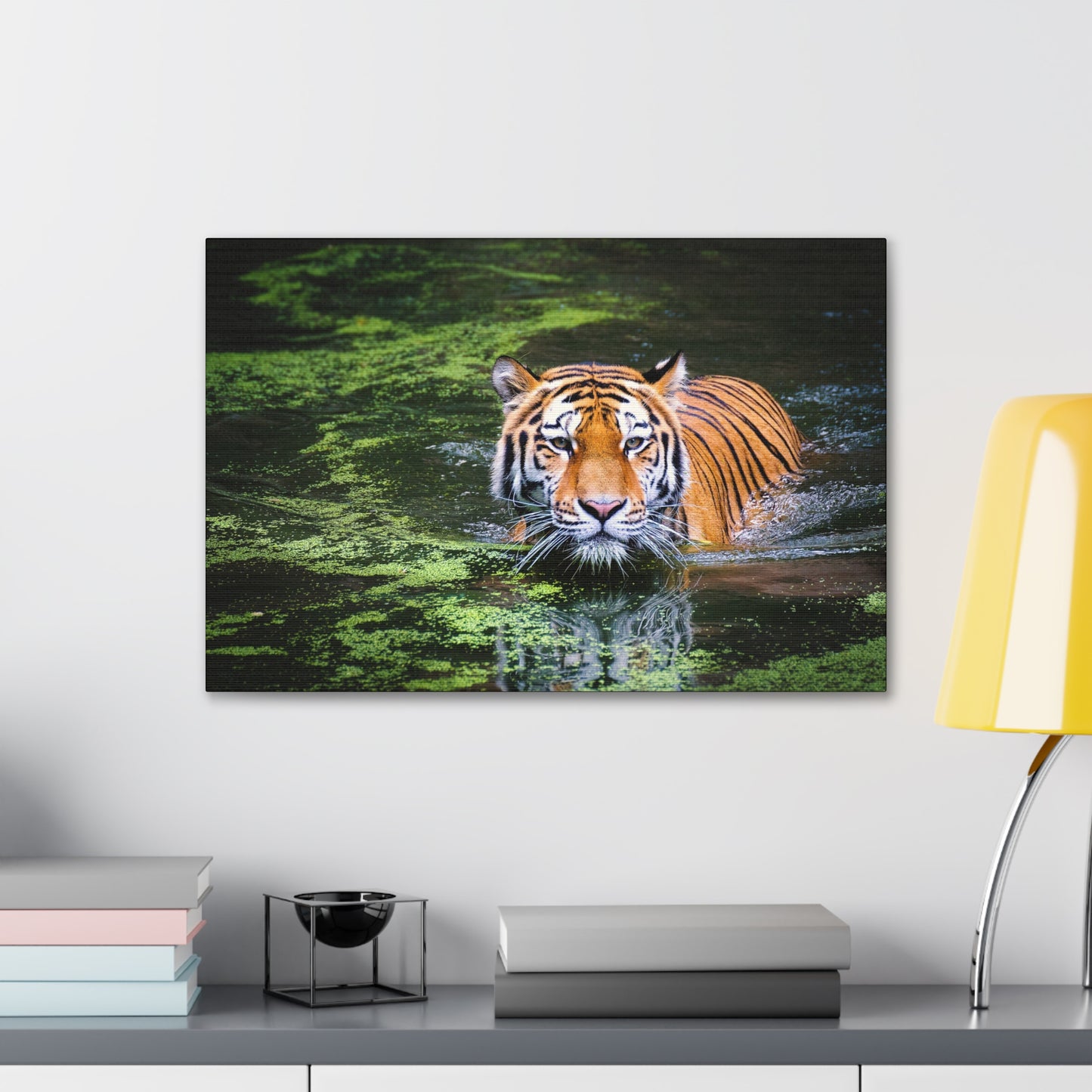 Silent Strength – Swimming Tiger Wall Art on canvas, acrylic, and metal – front view featuring a powerful tiger moving gracefully through water.