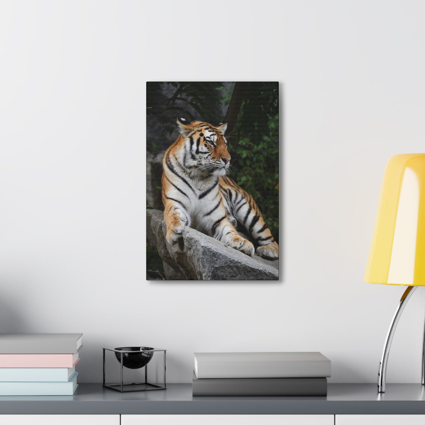 "Stone Throne – Tiger Resting on a Rock Wall Art on canvas, acrylic, and metal – front view featuring a powerful tiger reclining on a rugged rock."