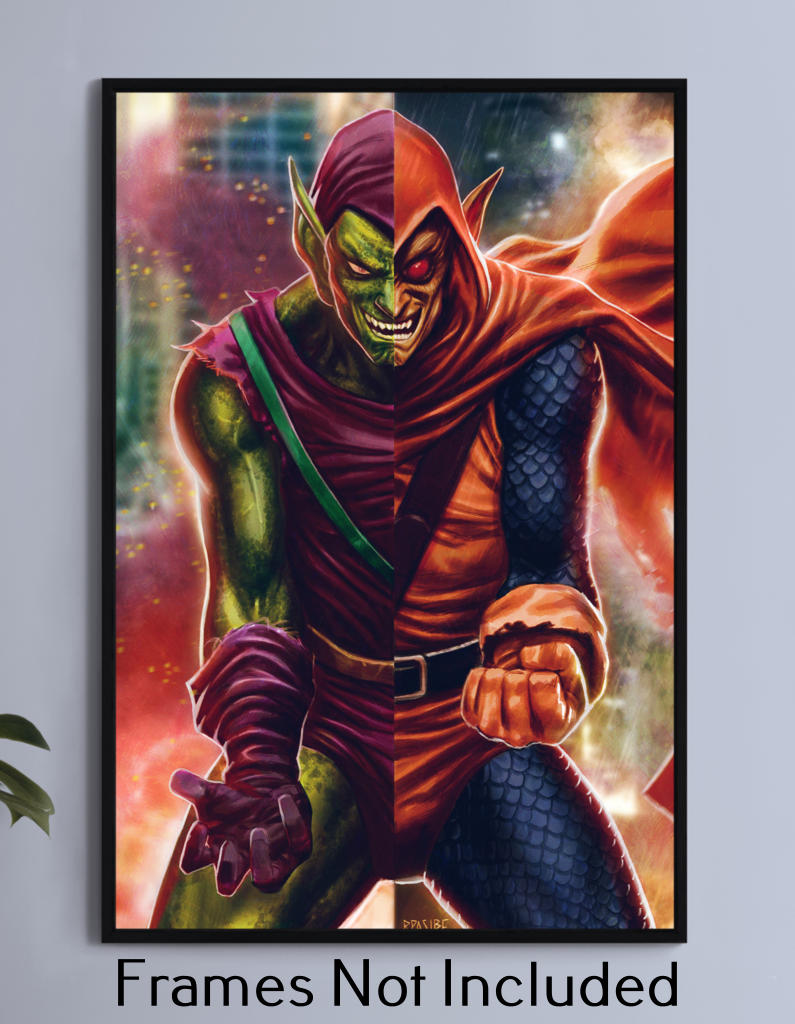 Close-up of Green Goblin & Hobgoblin Marvel Fan Art | Premium Villain Wall Print | Poster, Canvas, Acrylic, or Metal | STG Collection