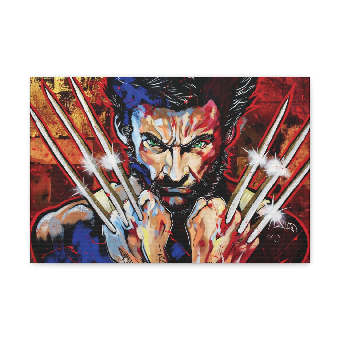 "Berserker Brilliance – Vibrant Wolverine Claws Out Wall Art on canvas, acrylic, and metal – front view featuring Wolverine in a dynamic, colorful stance."