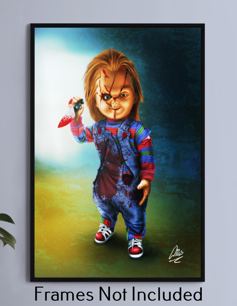 "Playtime’s Over – Chucky Wall Art on canvas, acrylic, and metal – Chucky with sinister grin and knife in a creepy background."