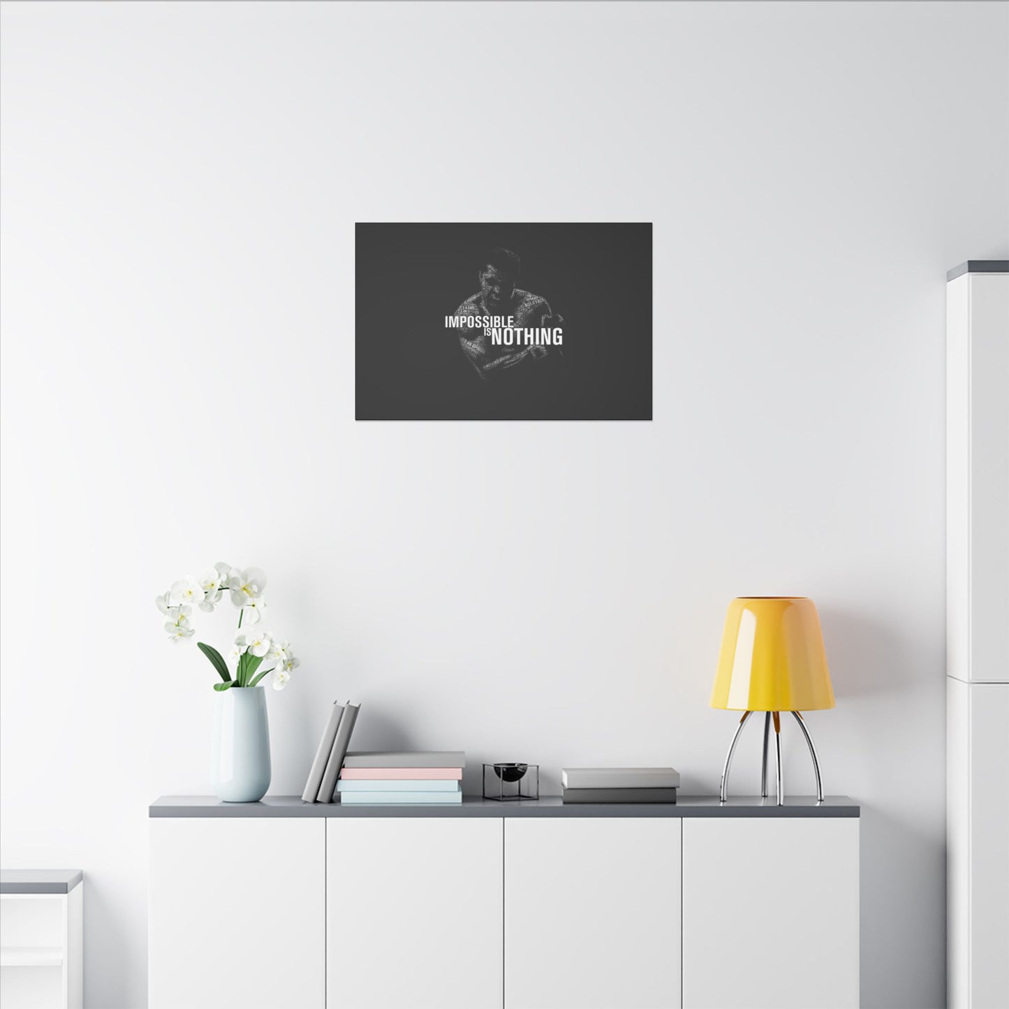 "Impossible Is Nothing Wall Art on premium canvas, acrylic, and metal – front view featuring bold inspirational typography"