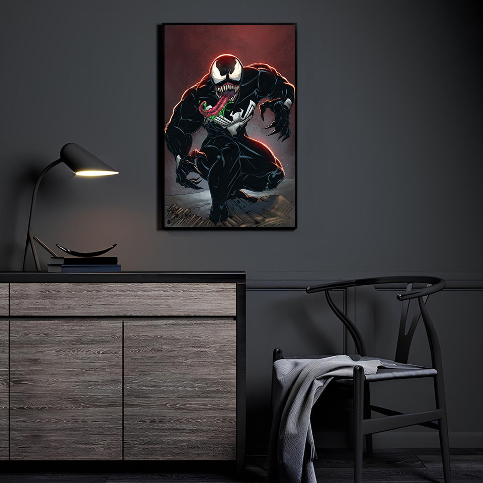 "Lethal Legacy – Venom Wall Art on canvas, acrylic, and metal – Venom in McFarlane-inspired style with tendrils, sharp teeth, and wild tongue."