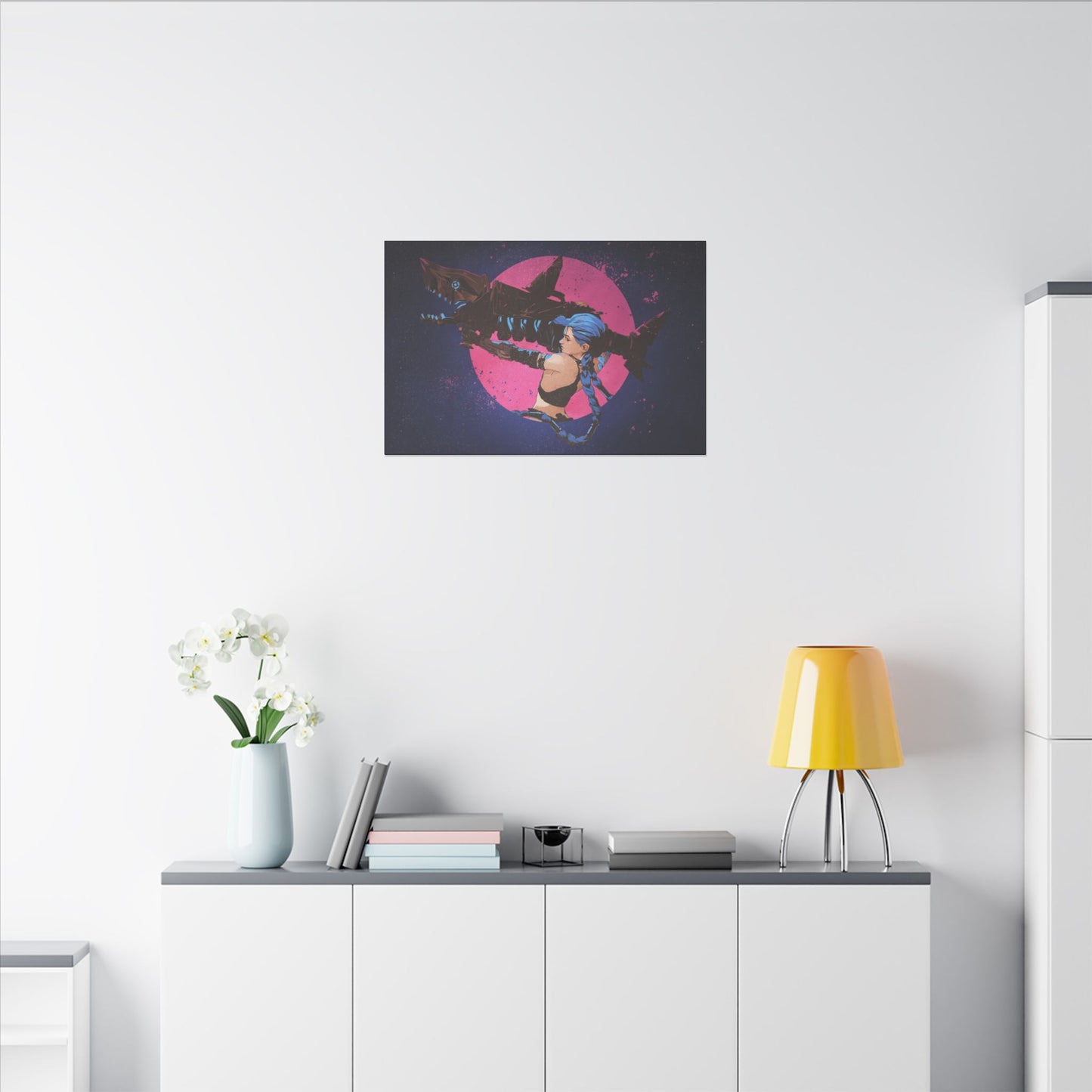 "Jinx from Arcane Wall Art on premium canvas, acrylic, and metal – front view featuring the edgy character Jinx"