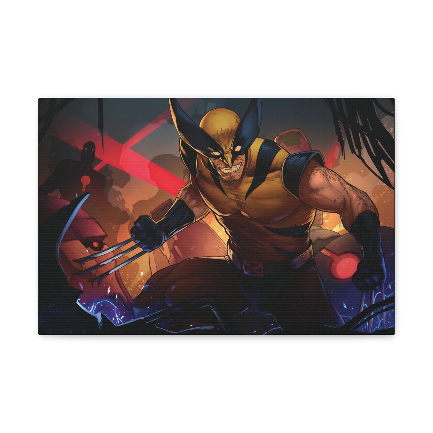 "Berserker Unleashed – Wolverine vs. Sentinels Wall Art on canvas, acrylic, and metal – front view featuring Wolverine battling a towering Sentinel in a dynamic combat pose."