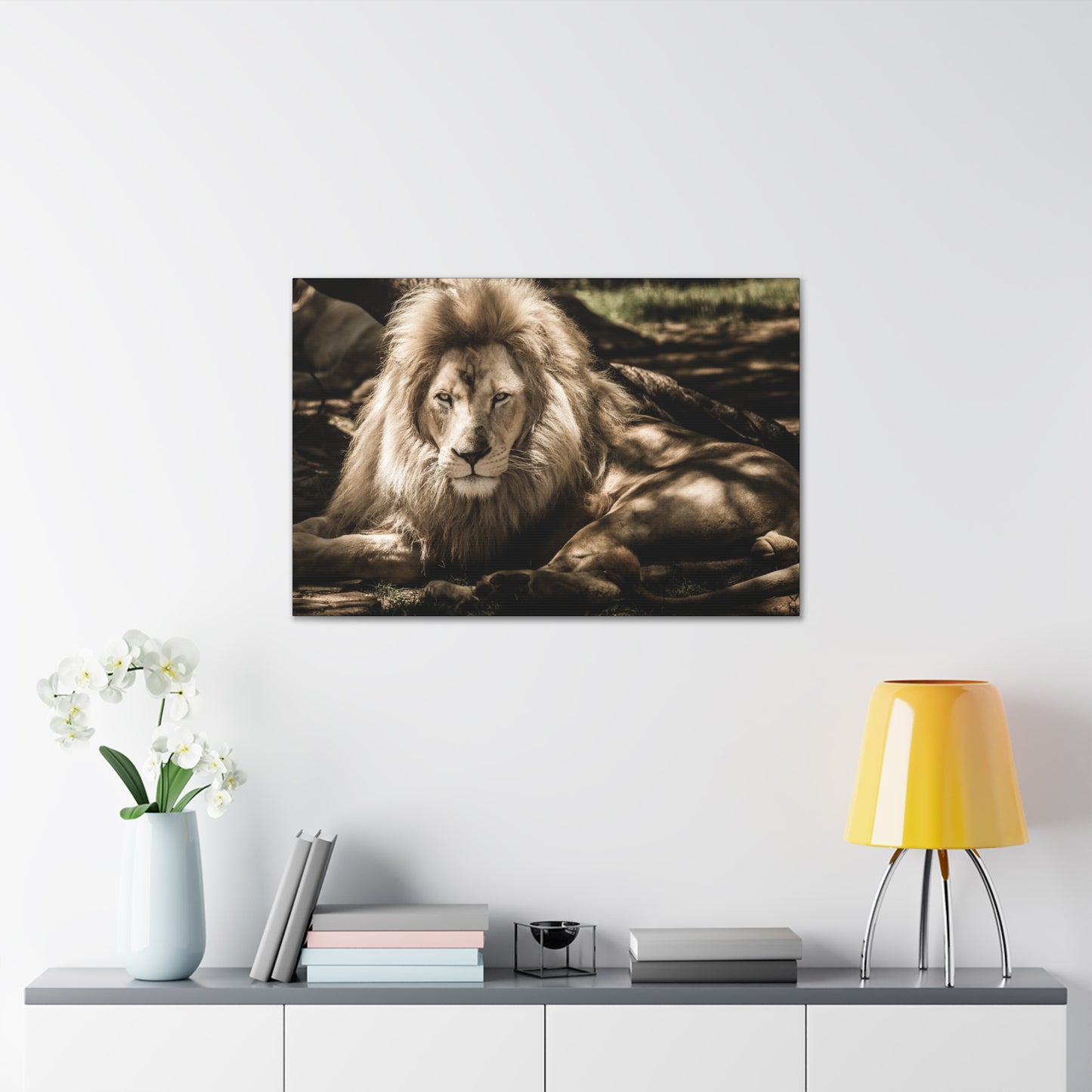"Monarch’s Rest – Great Lion Under a Tree Wall Art on canvas, acrylic, and metal – front view featuring a majestic lion resting under a tree."