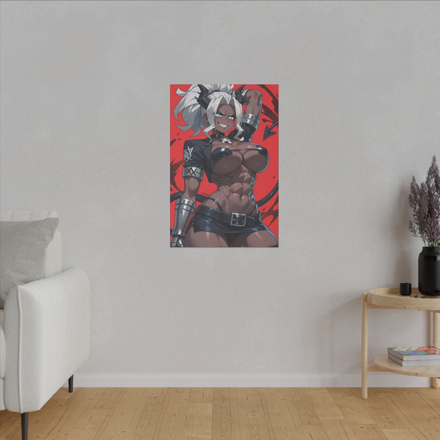 Helltaker Wall Art on premium canvas, acrylic, and metal – front view featuring the main character from Helltaker