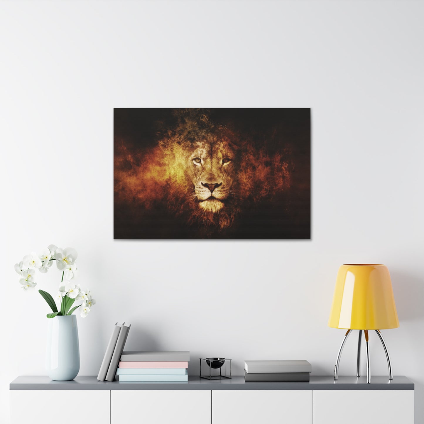 "Inferno King – Fiery Lion Head Illusion Wall Art on canvas, acrylic, and metal – front view featuring a roaring lion’s head emerging from flames."