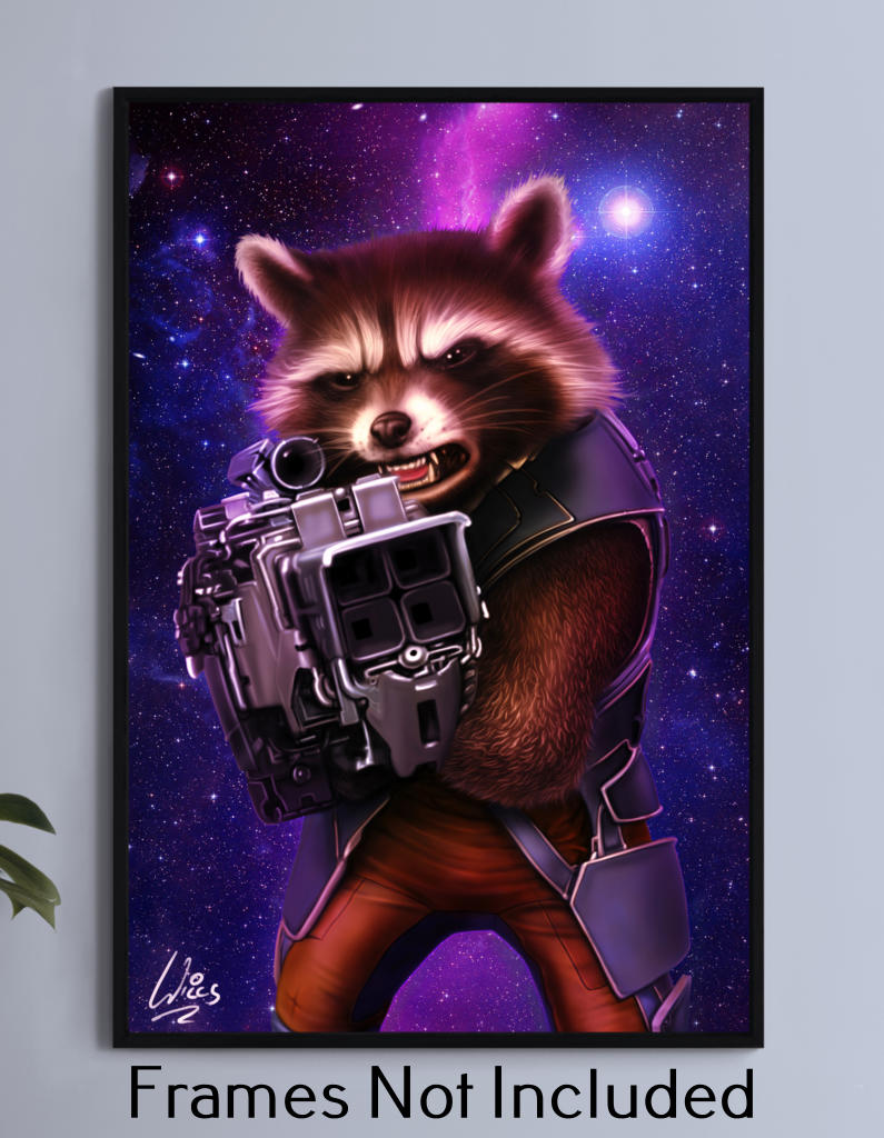 "Trash Panda Tactics – Rocket Raccoon Wall Art on canvas, acrylic, and metal – front view featuring Rocket armed with blasters in battle stance."