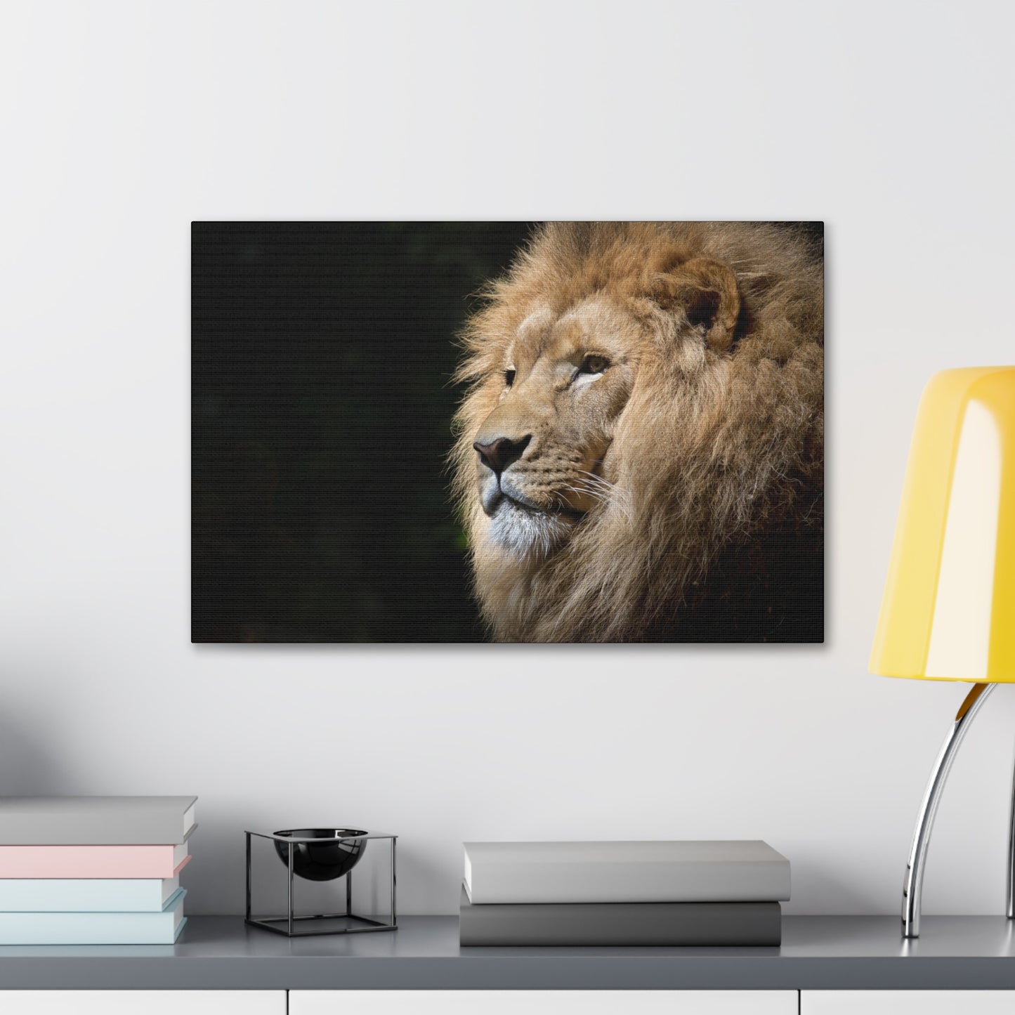 "Shadow King – Lion Portrait on Black Background Wall Art on canvas, acrylic, and metal – front view featuring a dramatic lion face against a dark background."