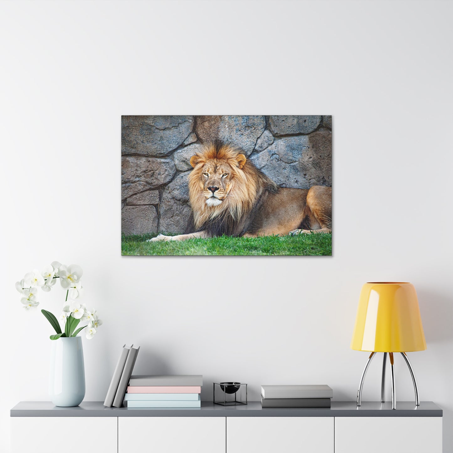 "Serenity of the Wild – Lion Resting in the Grass Wall Art on canvas, acrylic, and metal – front view featuring a calm yet powerful lion in the tall grass."