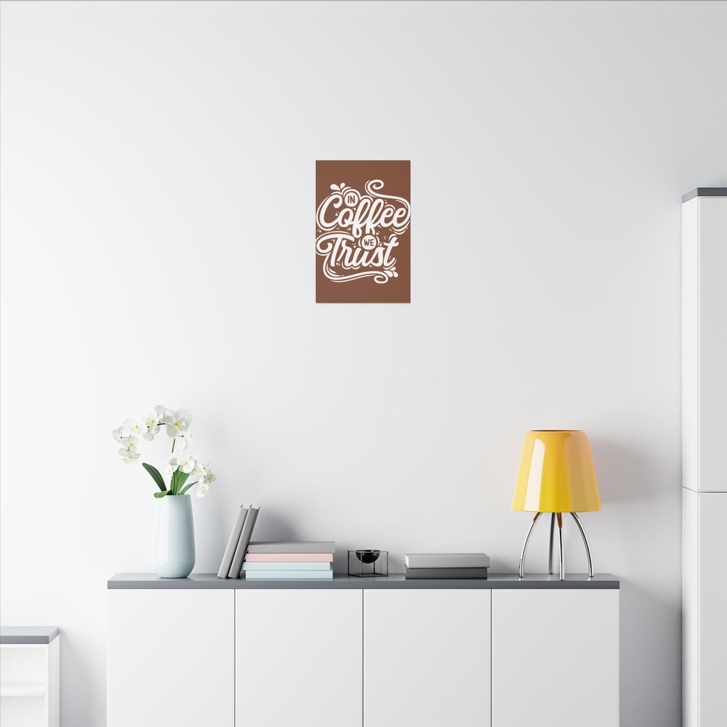 "In Coffee We Trust Wall Art on premium canvas, acrylic, and metal – front view featuring a coffee-themed quote"