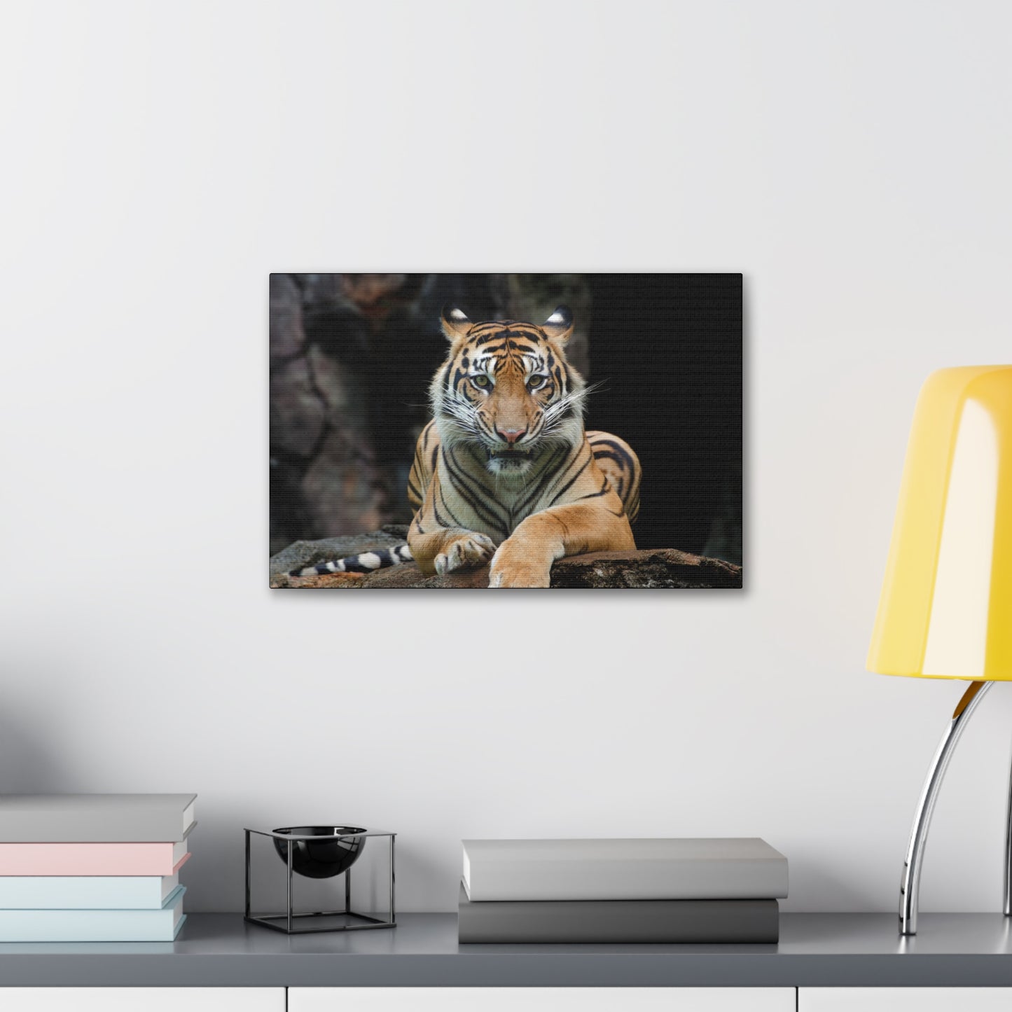 "Rock Throne – Tiger Resting on a Stone Wall Art on canvas, acrylic, and metal – front view featuring a majestic tiger lounging on a rugged rock."