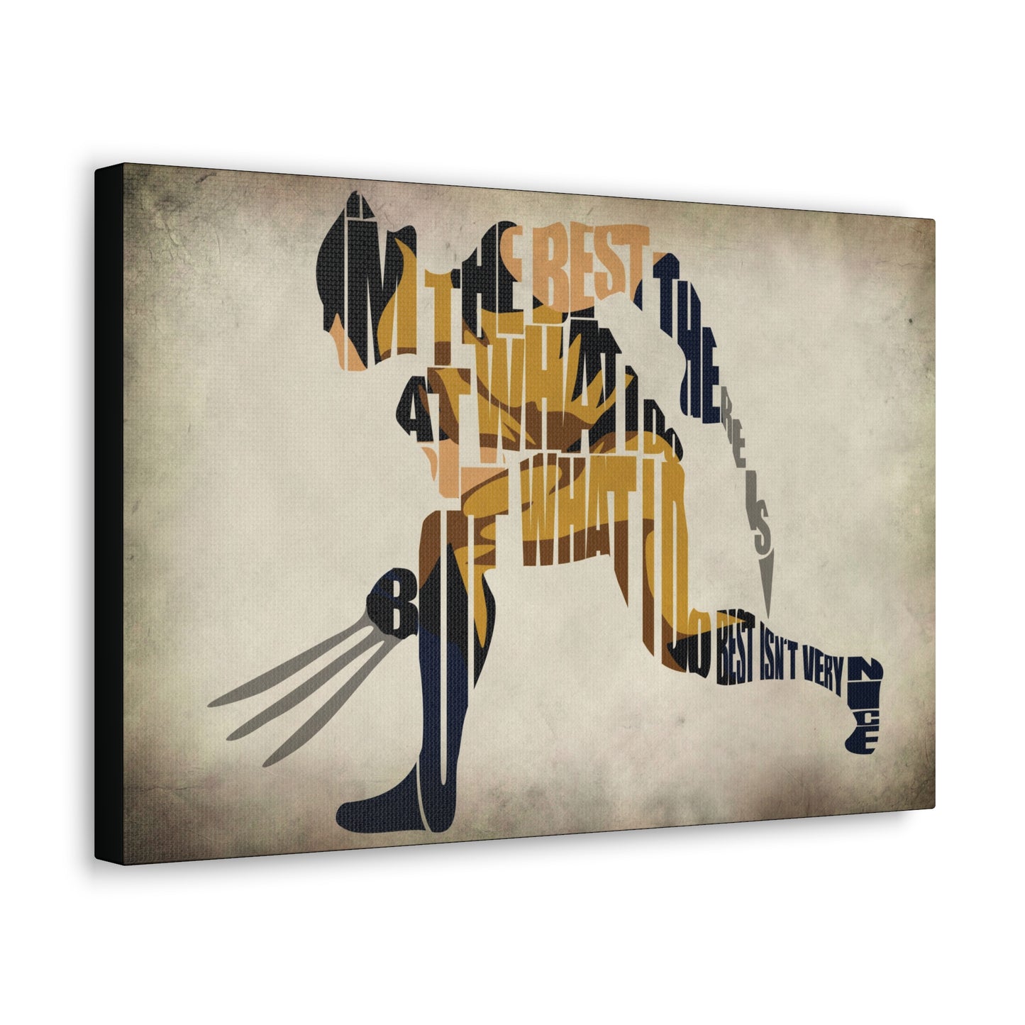 "Wordsmith Warrior – Wolverine Typography Art on canvas, acrylic, and metal – front view featuring Wolverine’s silhouette created entirely from his iconic catchphrase."