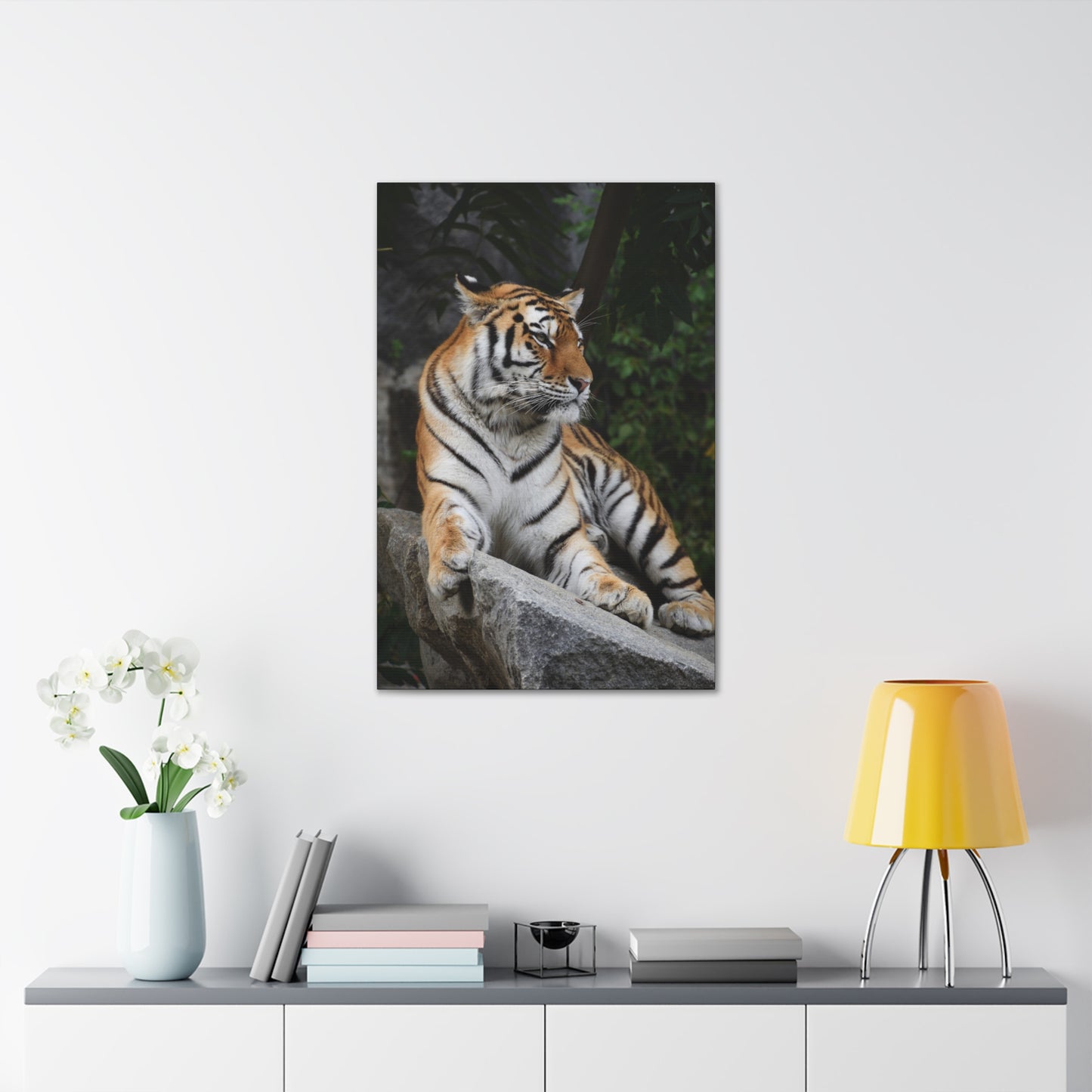 "Stone Throne – Tiger Resting on a Rock Wall Art on canvas, acrylic, and metal – front view featuring a powerful tiger reclining on a rugged rock."