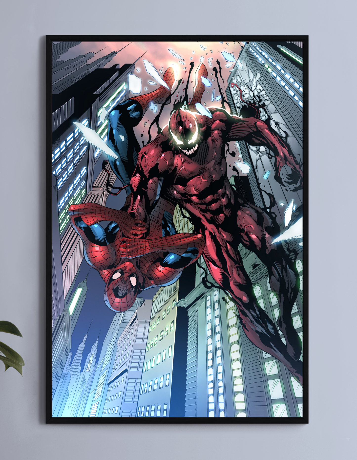 Spider-Man vs. Carnage battle art print on 11x17 paper with skyscraper setting